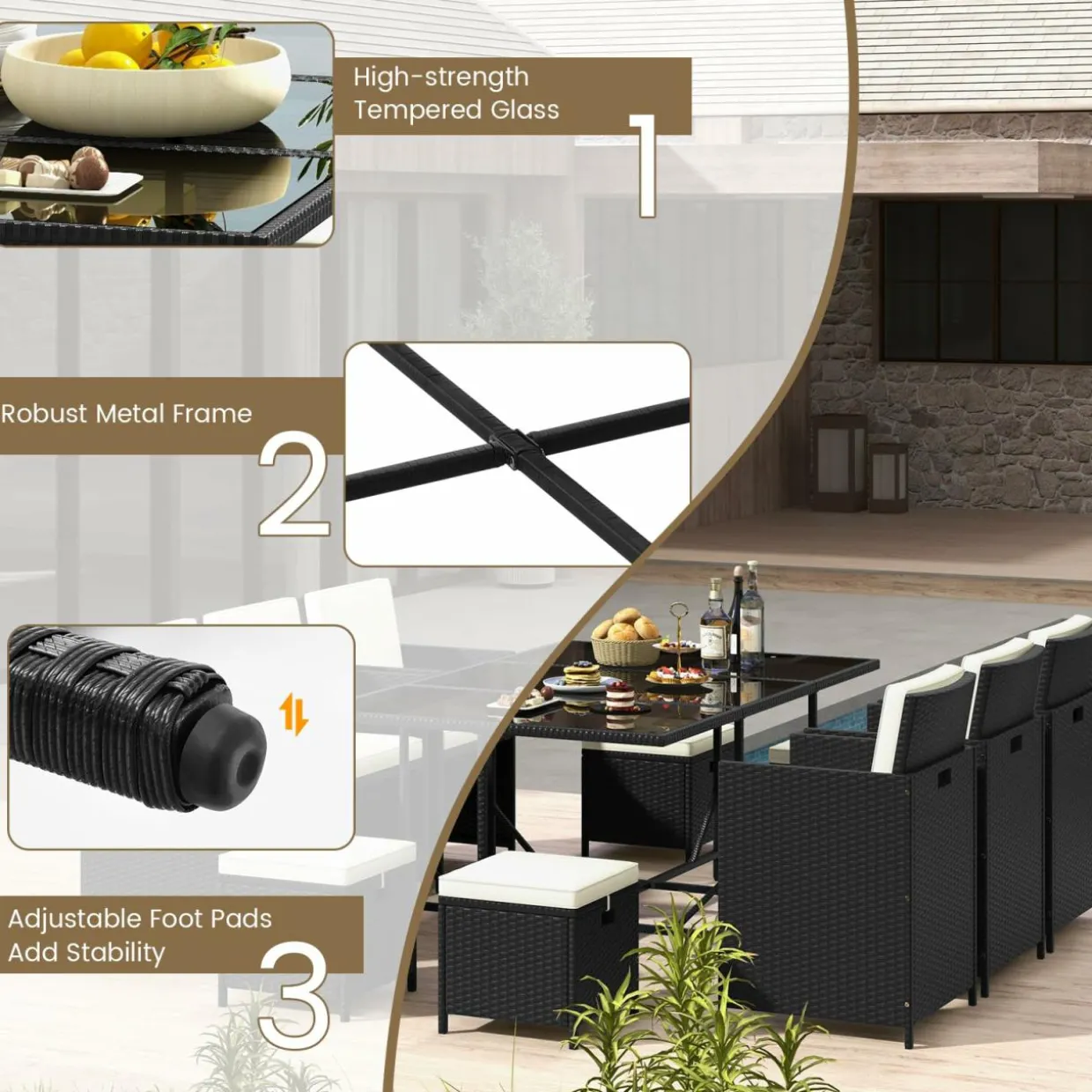 Tangkula 11 Pieces Patio Dining Set, Space-Saving Wicker Chairs & Tempered Glass Table with Ottomans