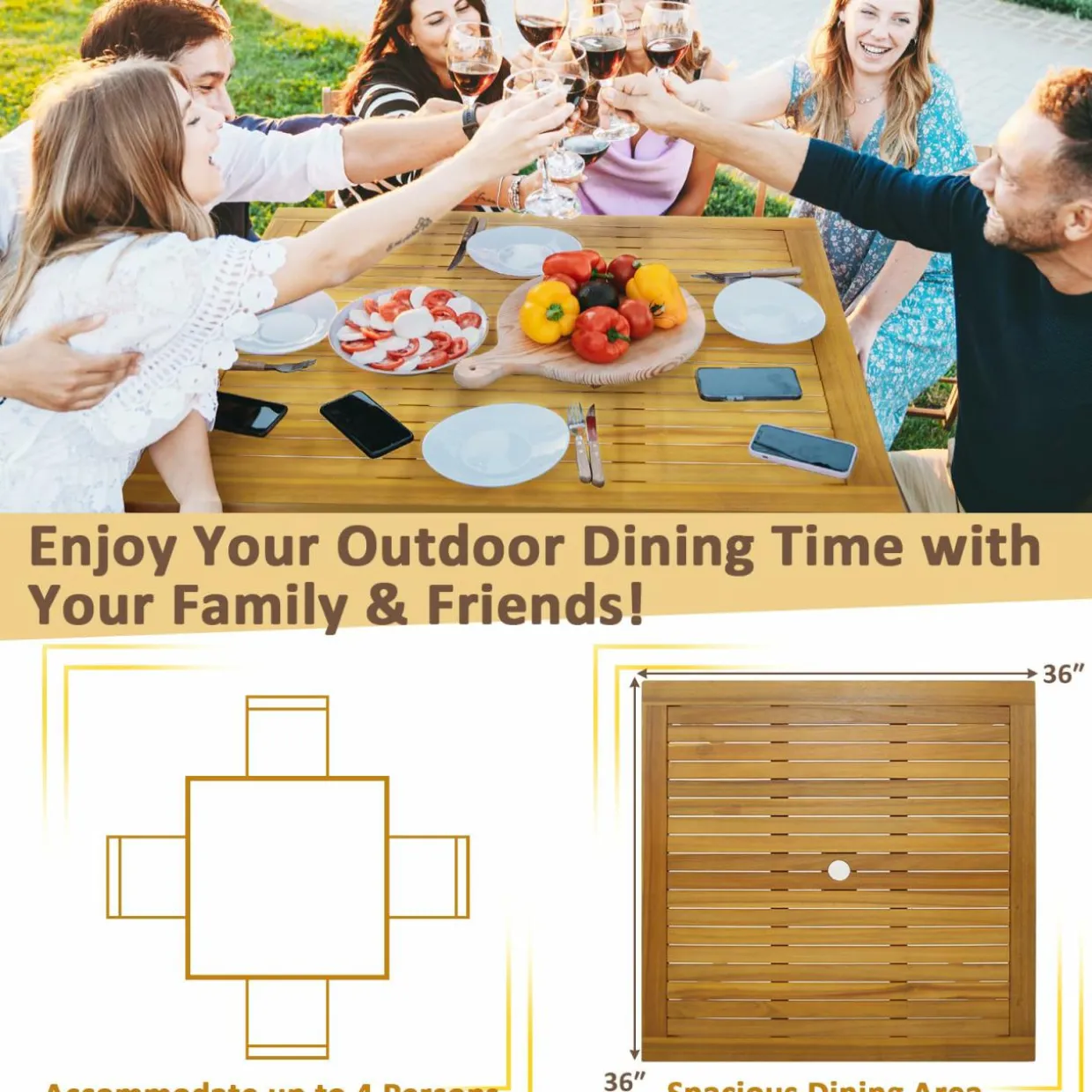 Tangkula 5 Pieces Patio Dining Set, 4 Cushioned Wicker Armchairs and Square Acacia Wood Dining Table