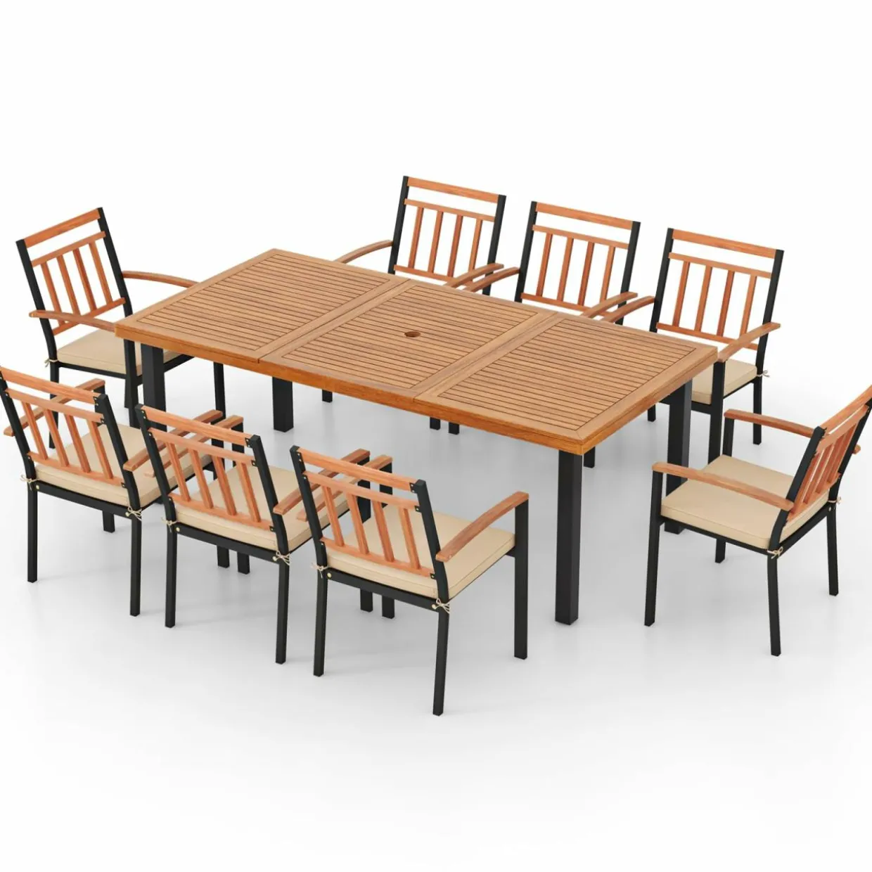 Tangkula 9 Pieces Patio Dining Set, Outdoor Acacia Wood Table and Chairs with Soft Cushions and 1.9” Umbrella Hole