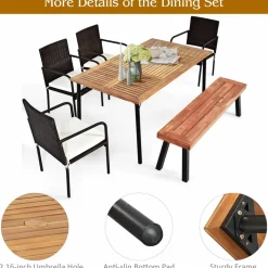 Tangkula 6 Pieces Patio Dining Set, Outdoor Acacia Wood and Wicker Furniture Set w/2.16