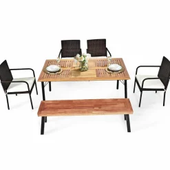 Tangkula 6 Pieces Patio Dining Set, Outdoor Acacia Wood and Wicker Furniture Set w/2.16