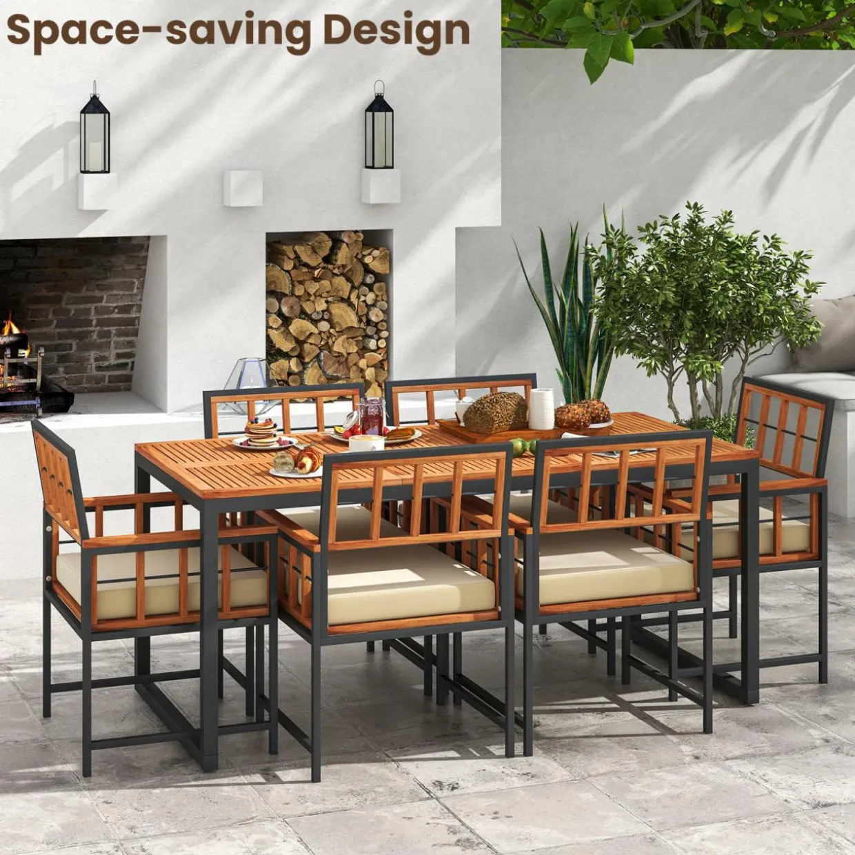 Tangkula 7 Pieces Patio Dining Set, Outdoor Acacia Wood Table and Chairs with Soft Cushions and Umbrella Hole