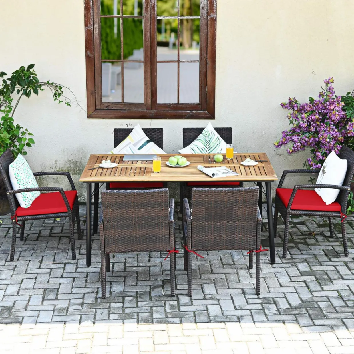 Tangkula 7 Pieces Patio Dining Set, Acacia Wood Wicker Dining Furniture Set with Sturdy Steel Frame & Umbrella Hole