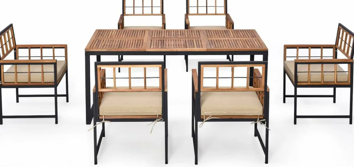Tangkula 7 Pieces Patio Dining Set, Outdoor Acacia Wood Table and Chairs with Soft Cushions and Umbrella Hole
