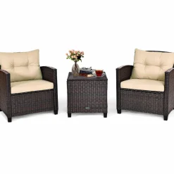Tangkula 3 Pieces Patio Furniture Set, PE Rattan Wicker 3 Pcs Outdoor Sofa Set