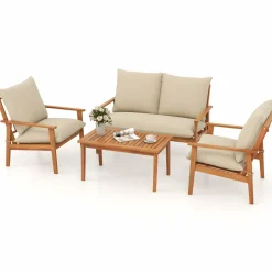 Tangkula 4 Pieces Patio Furniture Set, Outdoor Acacia Wood Conversation Set with Soft Cushions and Coffee Table