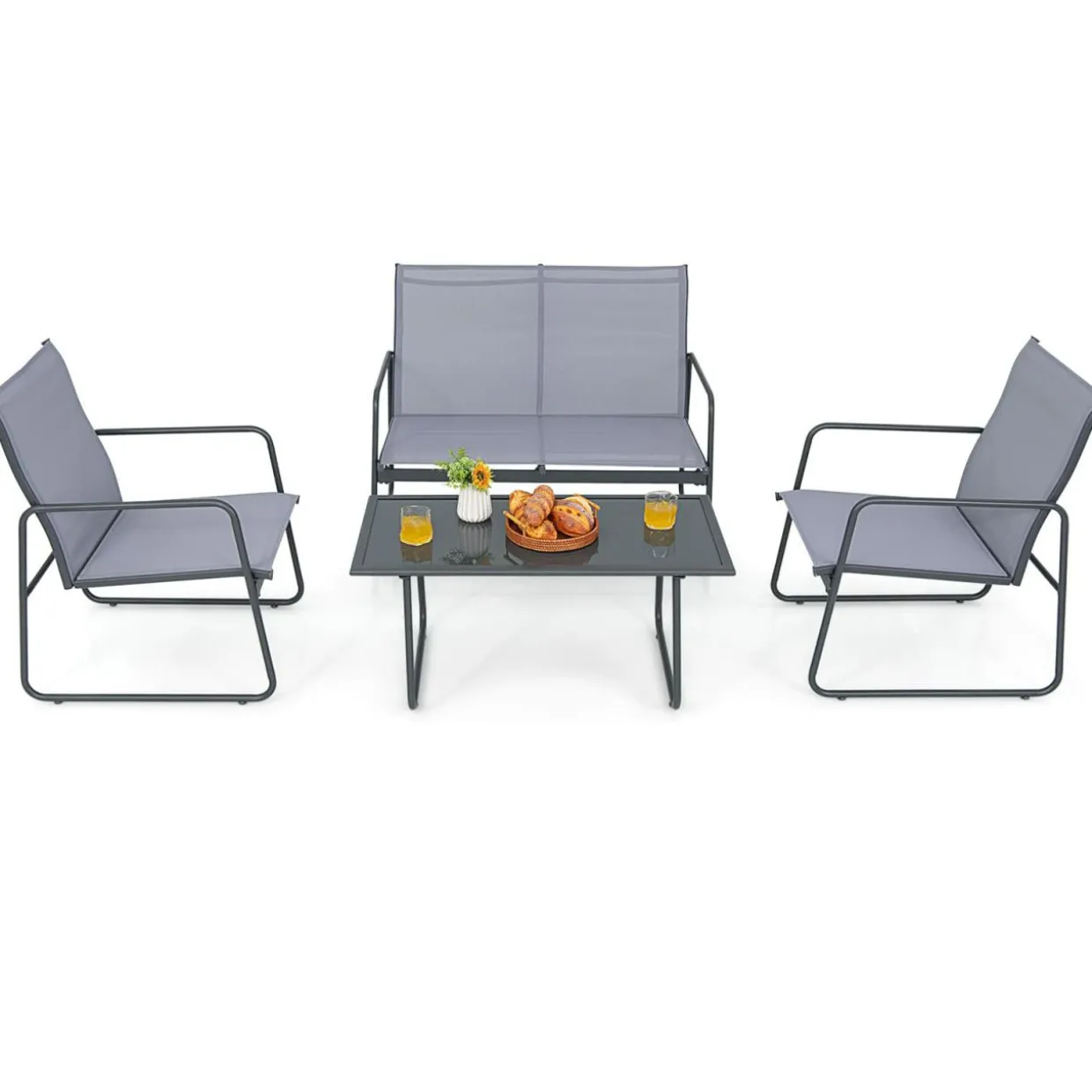 Tangkula 4 Pieces Patio Furniture Set with Tempered Glass Coffee Table (Gray)