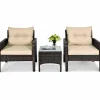 Tangkula 3 Pieces Patio Furniture Set Outdoor Rattan Wicker Coffee Table & Chairs Set with Seat Cushions