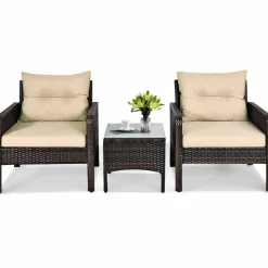 Tangkula 3 Pieces Patio Furniture Set Outdoor Rattan Wicker Coffee Table & Chairs Set with Seat Cushions