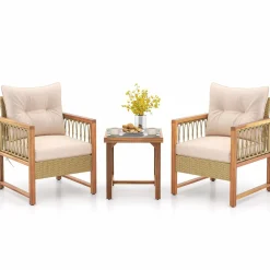 Tangkula 3 Pieces Patio Furniture Set, Outdoor PE Wicker Conversation Bistro Set with Acacia Wood Frame