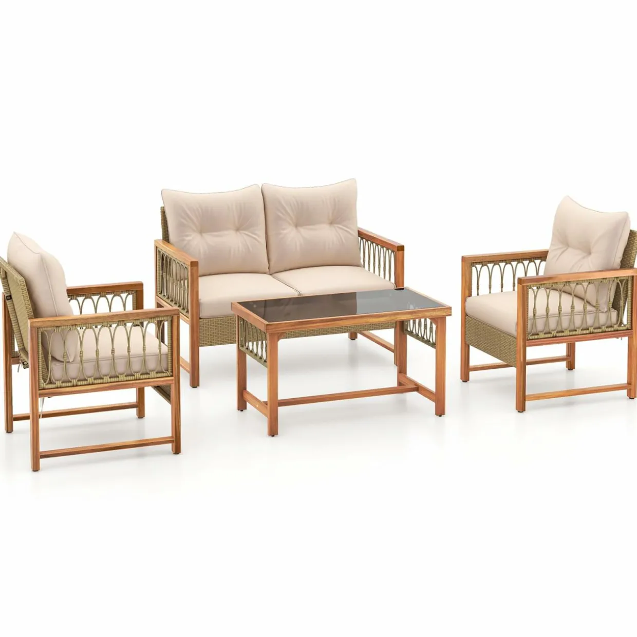 Tangkula 4 Pieces Patio Furniture Set, Outdoor PE Wicker Conversation Bistro Set with Acacia Wood Frame