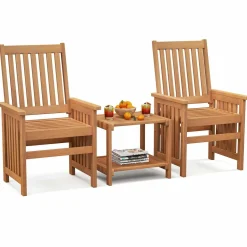 Tangkula 3 Pieces Patio Furniture Set with 1.5” Umbrella Hole, Hardwood Table and Chairs Set, for Porch, Backyard, Poolside