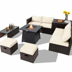 Tangkula 9 Pieces Patio Furniture Set with 30" Propane Fire Pit Table