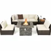 Tangkula 7 Pieces Patio Furniture Set with 50,000 BTU Fire Pit Table, Outdoor PE Wicker Conversation Sofa Set with Cushions