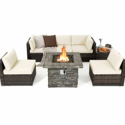 Tangkula 7 Pieces Patio Furniture Set with 50,000 BTU Fire Pit Table, Outdoor PE Wicker Conversation Sofa Set with Cushions