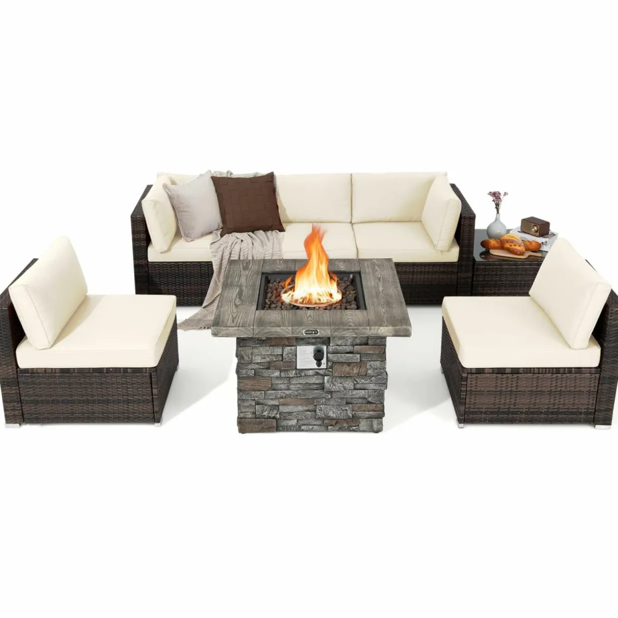 Tangkula 7 Pieces Patio Furniture Set with 50,000 BTU Fire Pit Table, Outdoor PE Wicker Conversation Sofa Set with Cushions