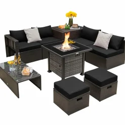 Tangkula 9 Pieces Patio Furniture Set with 50,000 BTU Propane Fire Pit Table