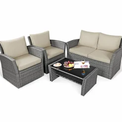 Tangkula 4 Pieces Patio Furniture Set, Outdoor Conversation Set with Cushions and Coffee Table