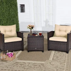 Tangkula 3 Pieces Patio Furniture Set, PE Rattan Wicker 3 Pcs Outdoor Sofa Set