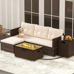 Tangkula 4 Pieces Patio Furniture Set with 32” Fire Pit Table and Propane Tank Cover