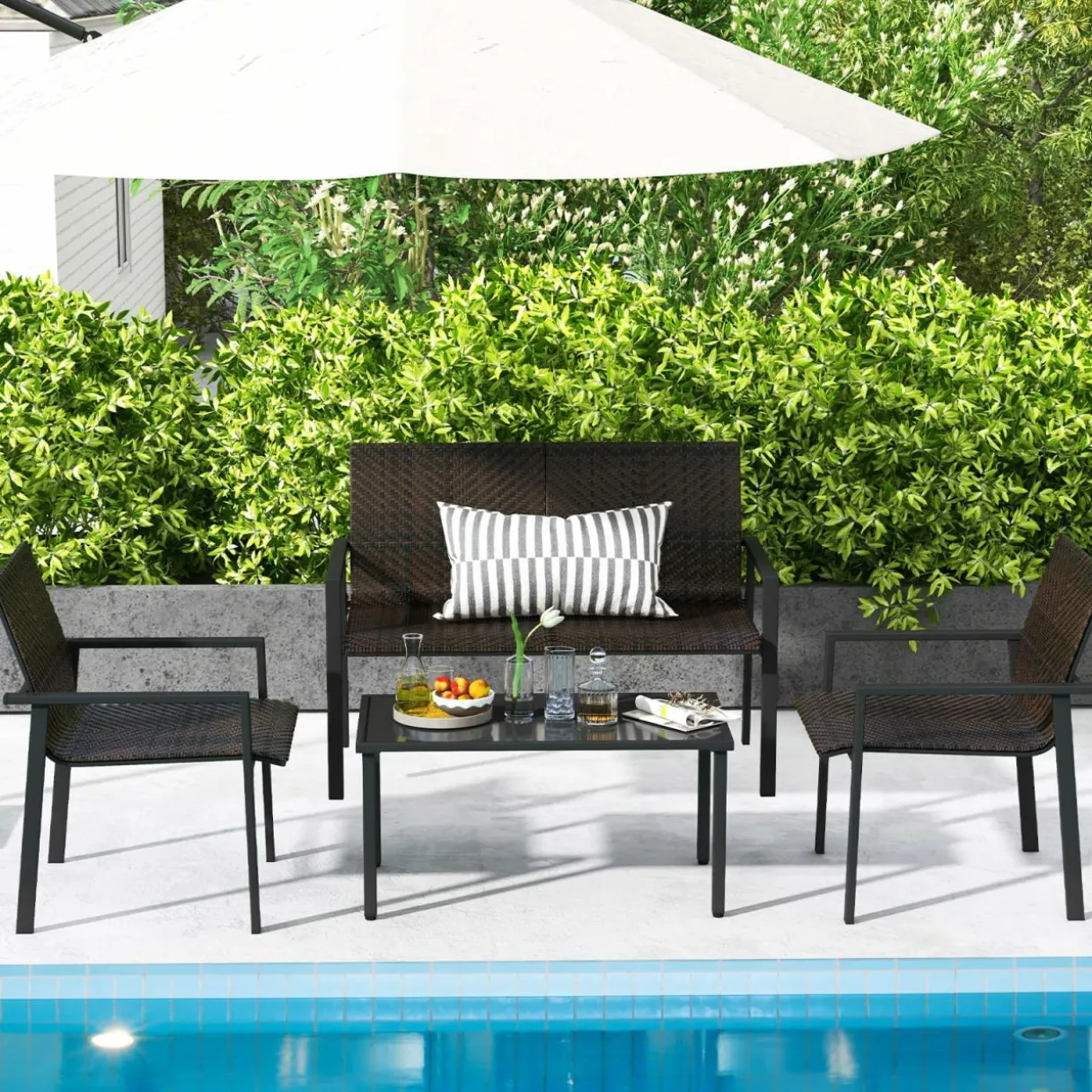 Tangkula 4 Pieces Patio Furniture Set, Patiojoy Heavy Duty Galvanized Metal Frame Outdoor Wicker Table and Chairs Set
