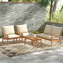 Tangkula 4 Pieces Patio Furniture Set, Outdoor Acacia Wood Conversation Set with Soft Cushions and Coffee Table