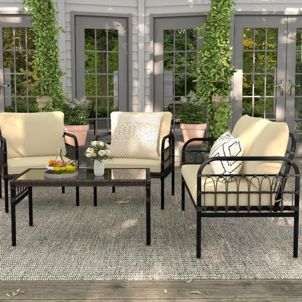 Tangkula 4 Pieces Patio Furniture Set, Outdoor Wicker Conversation Bistro Set