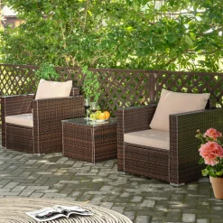 Tangkula 3 Pieces Patio Furniture Set, Outdoor Conversation Rattan Furniture Set