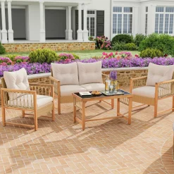 Tangkula 4 Pieces Patio Furniture Set, Outdoor PE Wicker Conversation Bistro Set with Acacia Wood Frame