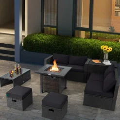 Tangkula 9 Pieces Patio Furniture Set with 32” Fire Pit Table, 50,000 BTU Square Propane Fire Pit