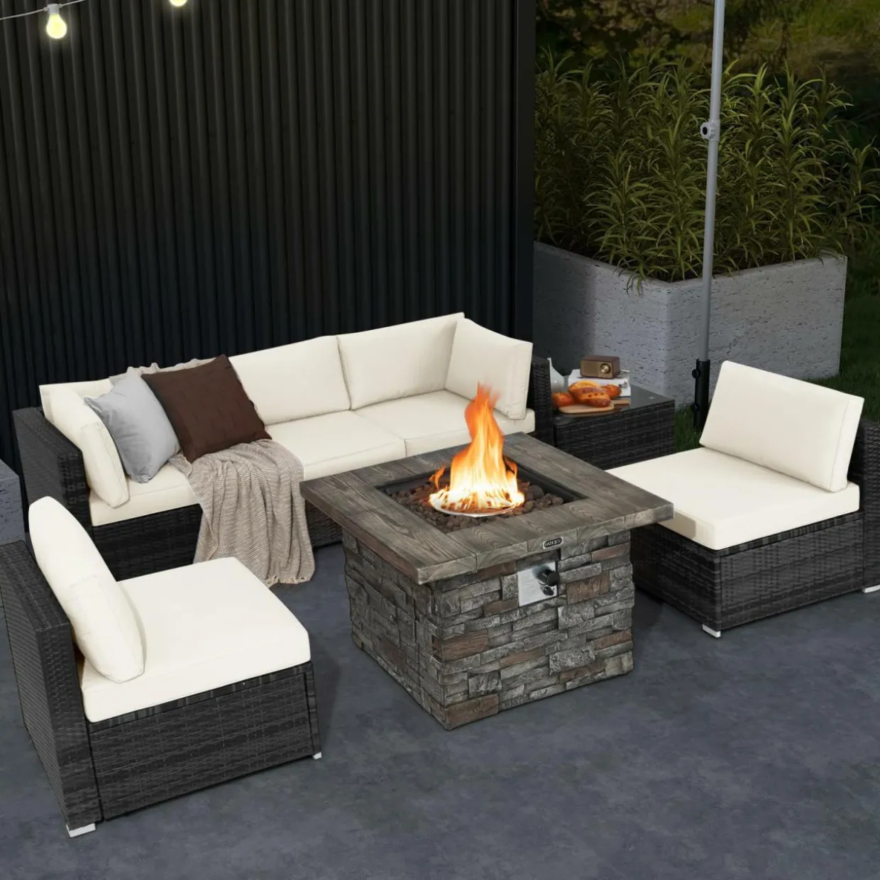 Tangkula 7 Pieces Patio Furniture Set with 50,000 BTU Fire Pit Table, Outdoor PE Wicker Conversation Sofa Set with Cushions