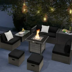 Tangkula 9 Pieces Patio Furniture Set with 50,000 BTU Propane Fire Pit Table