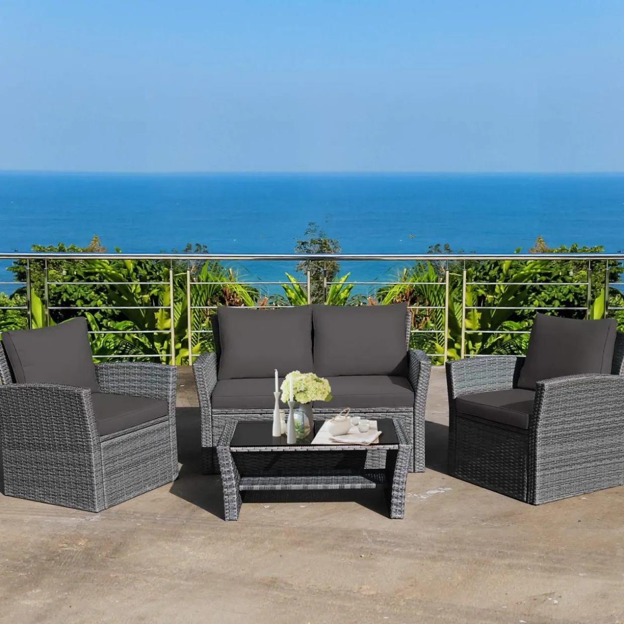 Tangkula 4 Pieces Patio Furniture Set, All Weather Outdoor Sectional Rattan Sofa Set