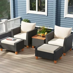Tangkula 5 Pieces Patio Furniture Set, PE Rattan Chairs with Storage Table