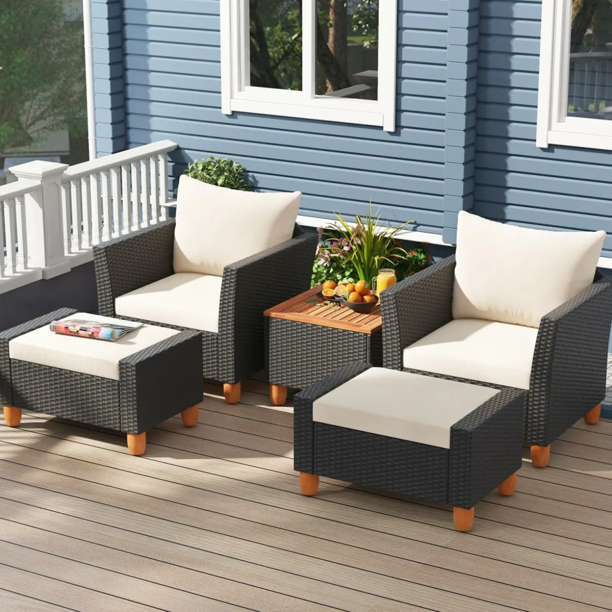 Tangkula 5 Pieces Patio Furniture Set, PE Rattan Chairs with Storage Table