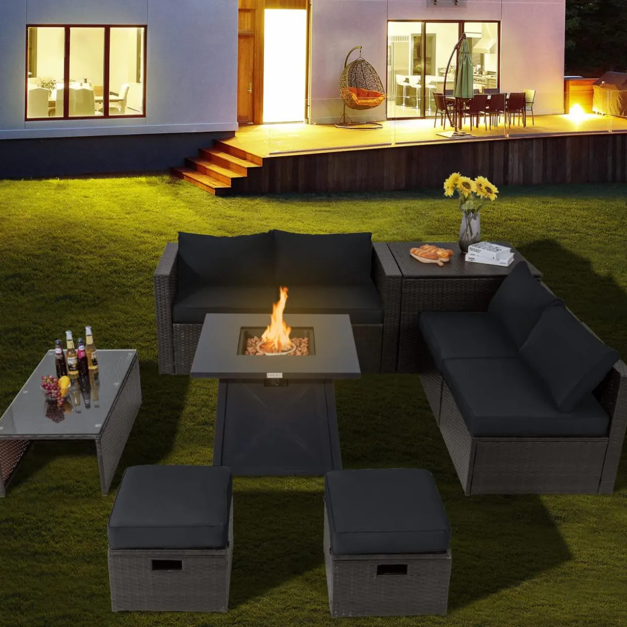 Tangkula 9 Pieces Patio Furniture Set with 30" Propane Fire Pit Table