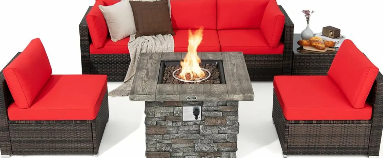 Tangkula 7 Pieces Patio Furniture Set with 50,000 BTU Fire Pit Table, Outdoor PE Wicker Conversation Sofa Set with Cushions