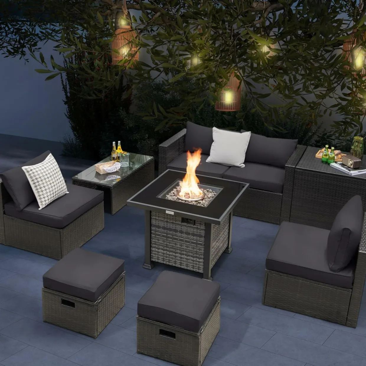 Tangkula 9 Pieces Patio Furniture Set with 50,000 BTU Propane Fire Pit Table