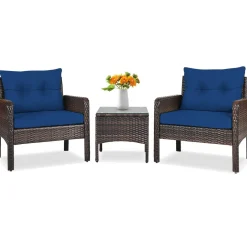 Tangkula 3 Pieces Patio Furniture Set Outdoor Rattan Wicker Coffee Table & Chairs Set with Seat Cushions