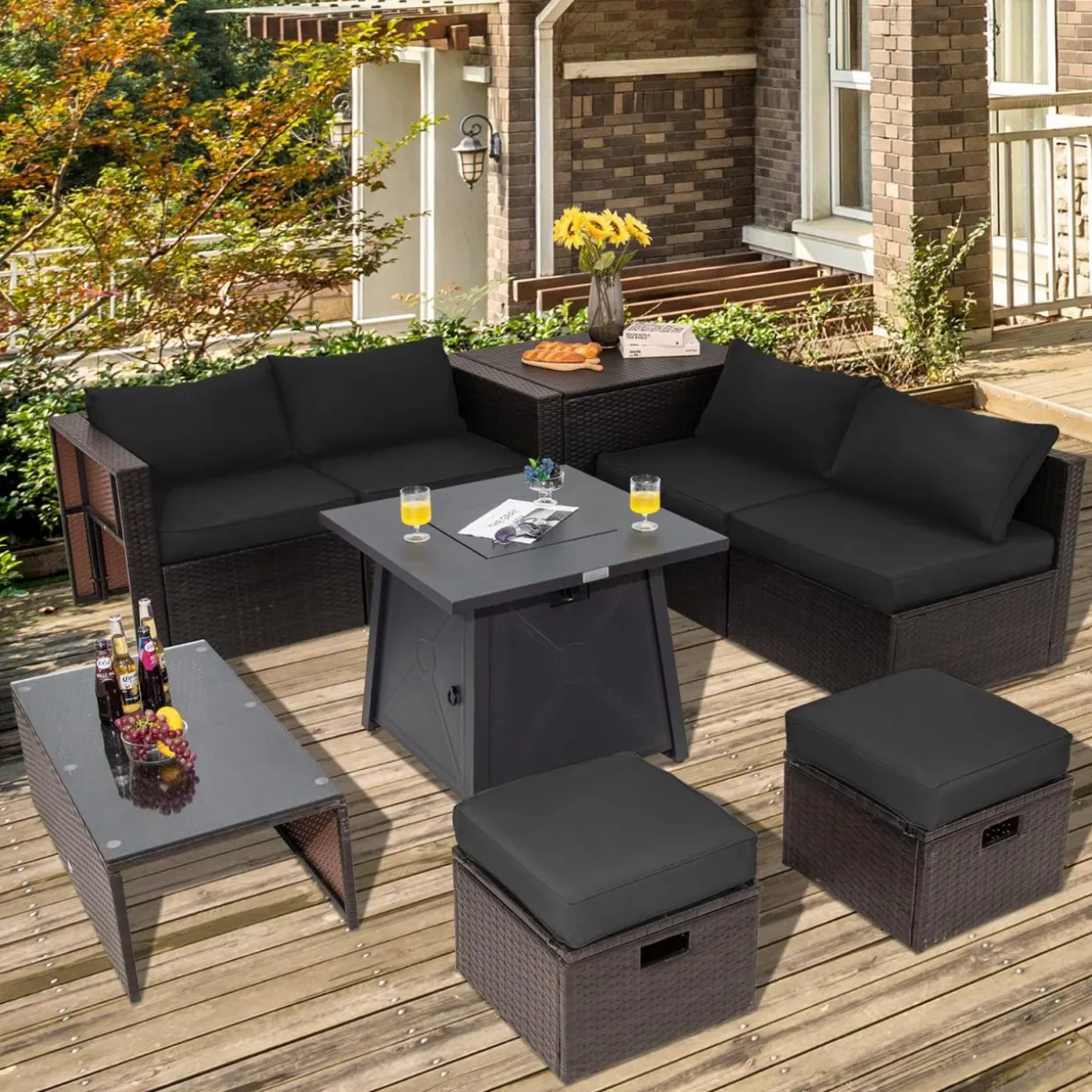 Tangkula 9 Pieces Patio Furniture Set with 30" Propane Fire Pit Table