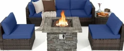 Tangkula 7 Pieces Patio Furniture Set with 50,000 BTU Fire Pit Table, Outdoor PE Wicker Conversation Sofa Set with Cushions
