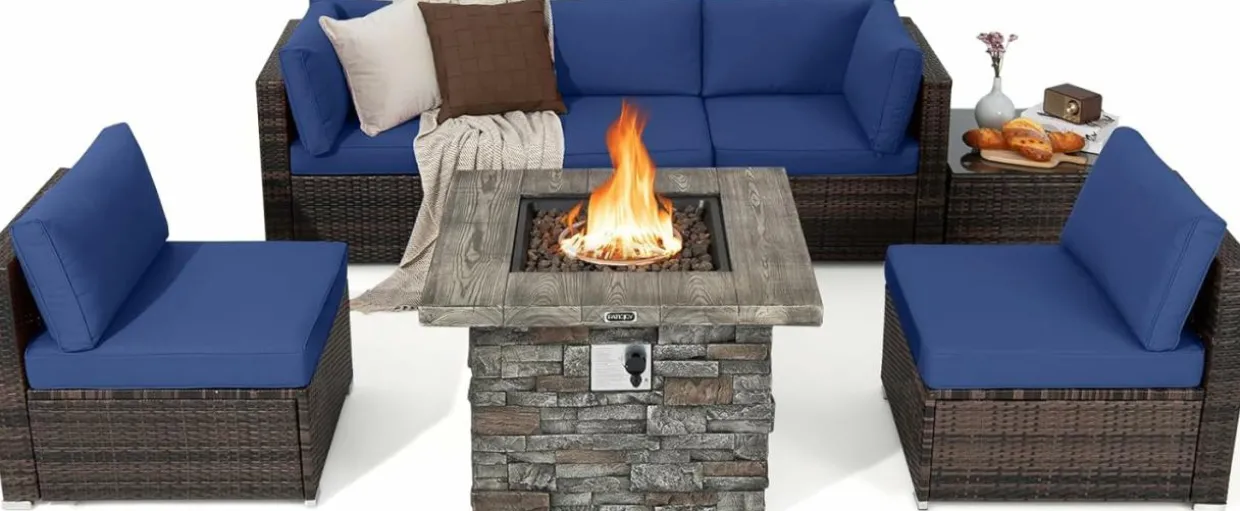 Tangkula 7 Pieces Patio Furniture Set with 50,000 BTU Fire Pit Table, Outdoor PE Wicker Conversation Sofa Set with Cushions