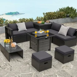 Tangkula 9 Pieces Patio Furniture Set with 50,000 BTU Propane Fire Pit Table