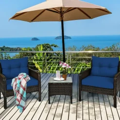 Tangkula 3 Pieces Patio Furniture Set Outdoor Rattan Wicker Coffee Table & Chairs Set with Seat Cushions