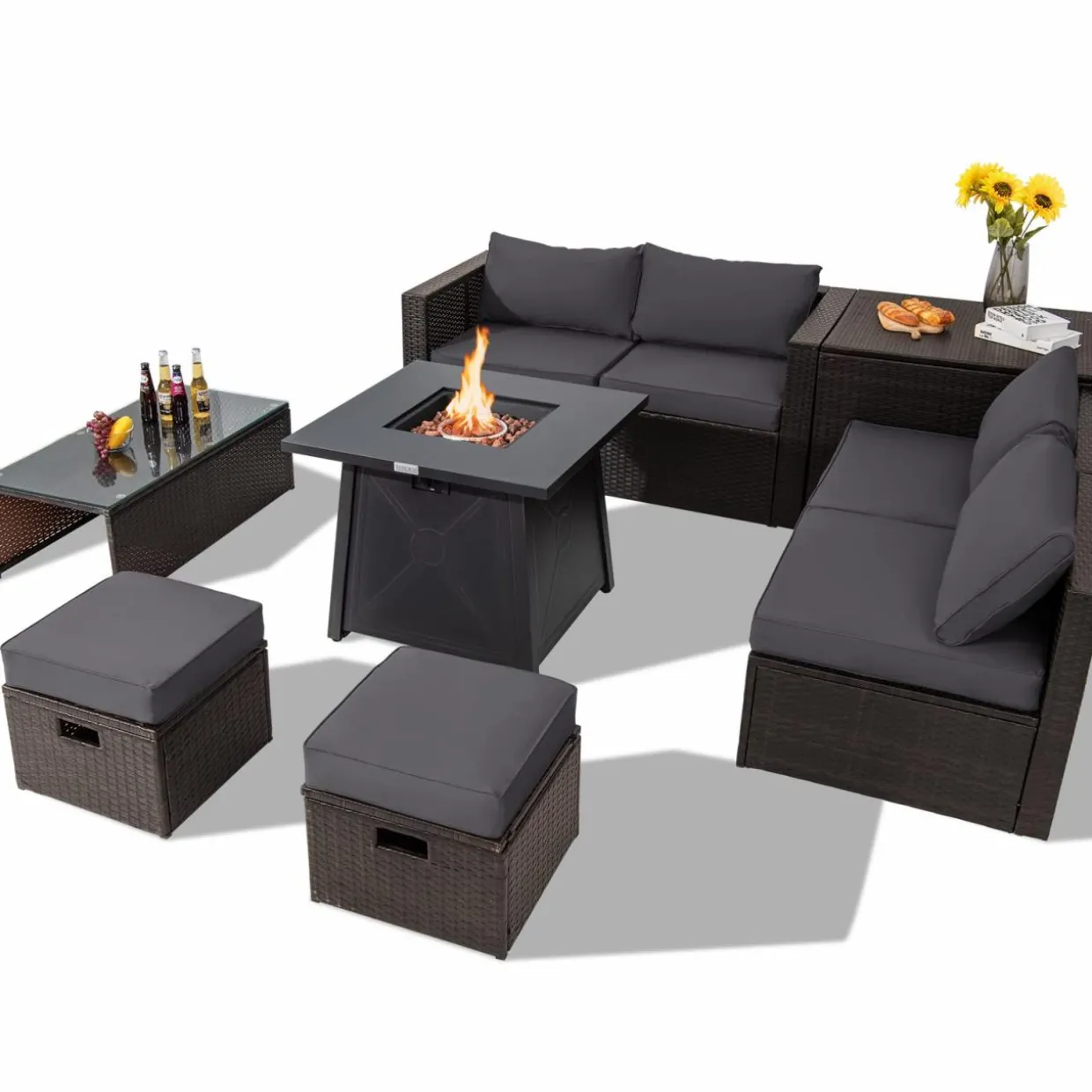 Tangkula 9 Pieces Patio Furniture Set with 30" Propane Fire Pit Table