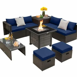 Tangkula 9 Pieces Patio Furniture Set with 50,000 BTU Propane Fire Pit Table