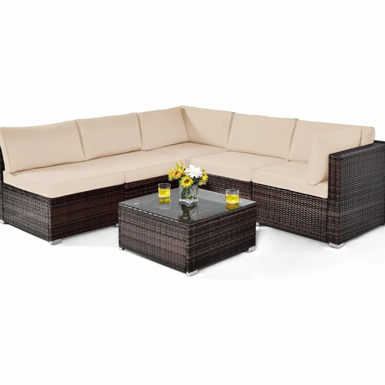 Tangkula 6 Pieces Patio Furniture Set, Outdoor Wicker Conversation Set with Glass Coffee Table