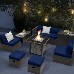 Tangkula 9 Pieces Patio Furniture Set with 50,000 BTU Propane Fire Pit Table