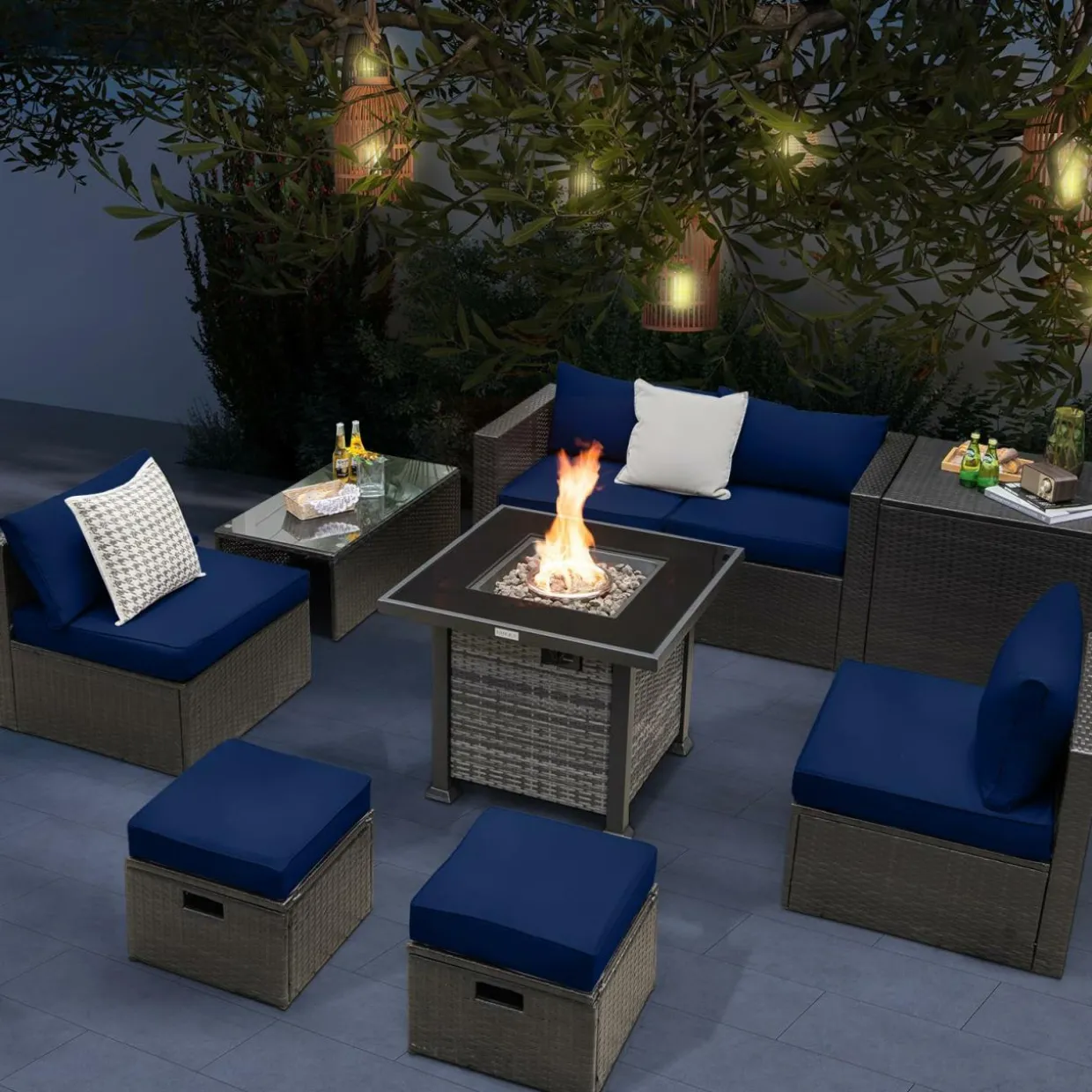 Tangkula 9 Pieces Patio Furniture Set with 50,000 BTU Propane Fire Pit Table