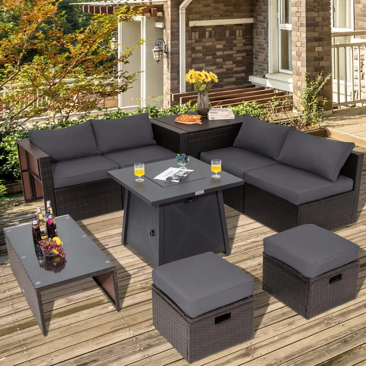Tangkula 9 Pieces Patio Furniture Set with 30" Propane Fire Pit Table